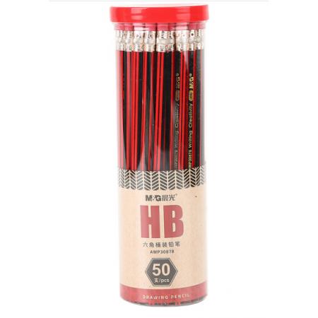 晨光(M&G)文具HB六角木杆铅笔 经典红黑抽条铅笔 学生素描绘图木杆铅笔(带橡皮头) 50支/桶AWP30878