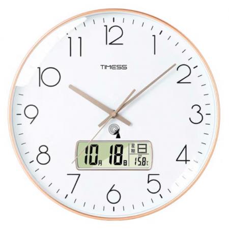 Timess 挂钟 电波钟客厅万年历钟表时尚简约北欧双日历温度时钟自动对时智能钟表挂墙表 华贵金35CM电波款
