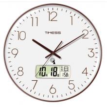 Timess 挂钟 电波钟客厅万年历钟表时尚简约北欧双日历温度时钟自动对时智能钟表挂墙表 咖啡色35CM电波款