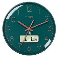 Timess 挂钟 电波钟客厅万年历钟表时尚简约北欧双日历温度时钟自动对时智能钟表挂墙表 轻奢绿35CM电波款