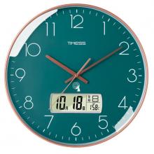 Timess 挂钟 电波钟客厅万年历钟表时尚简约北欧双日历温度时钟自动对时智能钟表挂墙表 孔雀绿30CM电波款