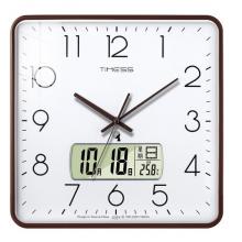 Timess电波挂钟客厅钟表万年历时钟双日历石英钟温度挂表方形薄边自动对时表挂墙 P61-4咖边白(电波钟直径38厘米)