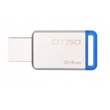  金士顿（Kingston）64GB USB3.1 U盘 DT50 蓝色 金属外壳 无盖设计