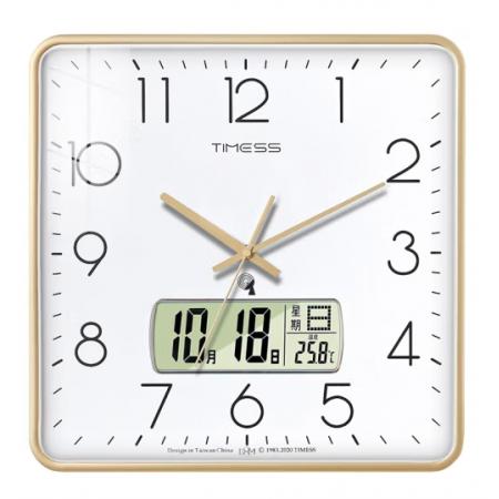 Timess电波挂钟客厅钟表万年历时钟双日历石英钟温度挂表方形薄边自动对时表挂墙 P61-2金边白(电波钟直径38厘米)
