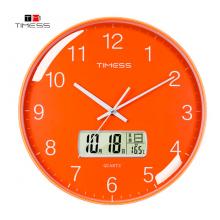 Timess 挂钟 客厅万年历钟表北欧简约石英钟表挂墙卧室时钟薄边家用日历挂表 P65-5 华丽橙30厘米