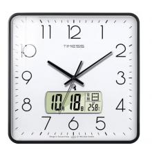 Timess电波挂钟客厅钟表万年历时钟双日历石英钟温度挂表方形薄边自动对时表挂墙 P61-1黑边白(电波钟直径38厘米)
