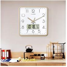 Timess电波挂钟客厅钟表万年历时钟双日历石英钟温度挂表方形薄边自动对时表挂墙 P61-2金边白(电波钟直径38厘米)