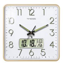 Timess电波挂钟客厅钟表万年历时钟双日历石英钟温度挂表方形薄边自动对时表挂墙 P63-2金边白(夜光电波钟直径38厘米)