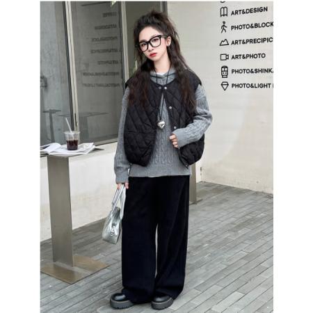 安踏 女童秋冬马甲套装2024新款大童毛衣阔腿裤休闲韩系女孩春秋衣服潮 单件--黑色裤子--加绒【秋冬款】 160cm
