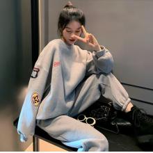 安踏径运动服套装女秋冬洋气网红炸街宽松休闲时尚加绒卫衣跑步服两件装 灰色 【加绒套装】 S 建议75-90斤」