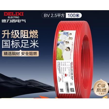 德力西（DELIXI）电线电缆ZC-BV2.5平方升级阻燃单芯单股家用铜芯电线100米红色